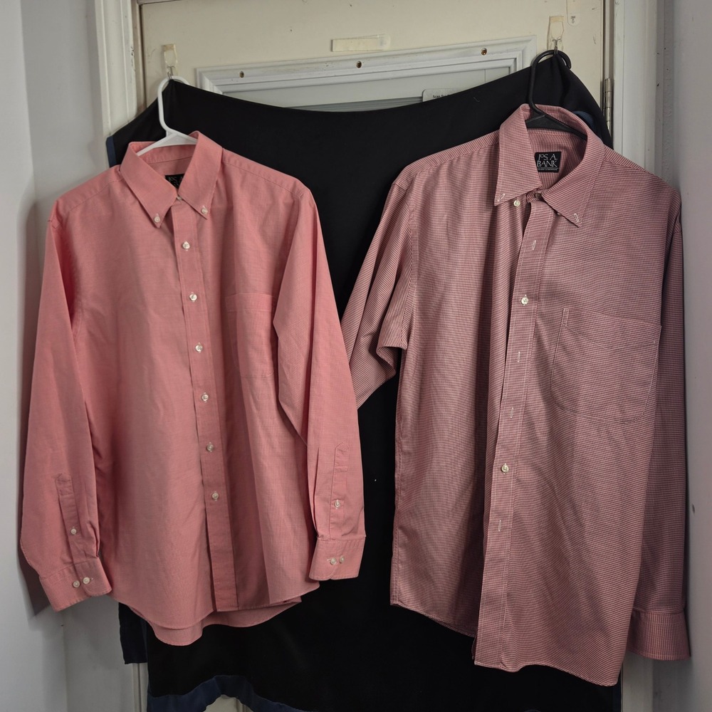 Lot of 2 Jos A‎ Bank Mens Button Down Shirts Pink Red Micro Check Long Sleeve